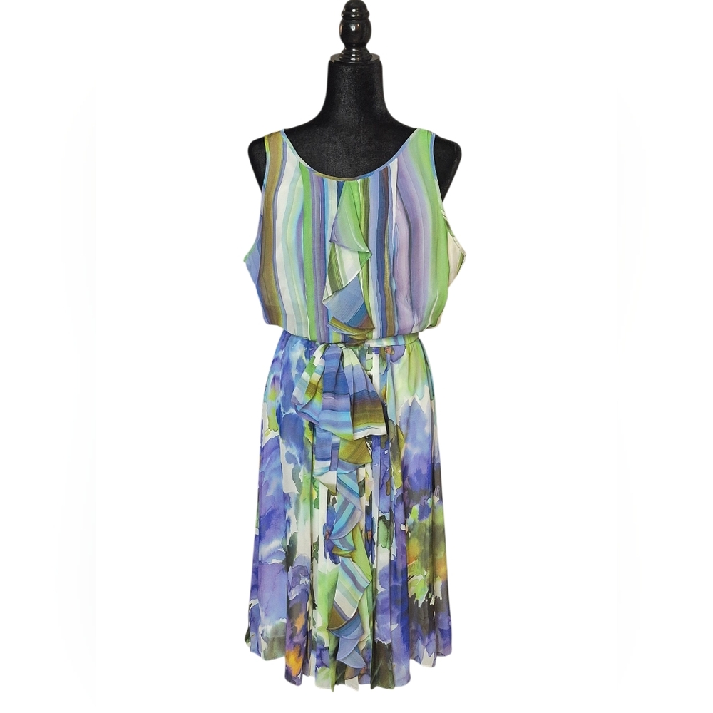 Sharagano Women's Lavender and Green Floral and Stripe Midi Dress (Size 12).